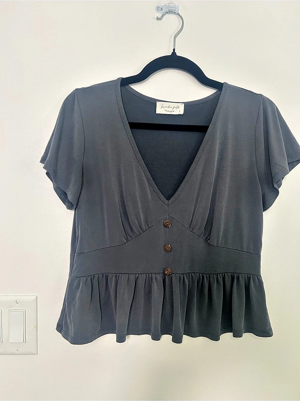 Lavender Field Women’s S Charcoal Peplum Top Y2K Deep V Neck Faux Button Front
